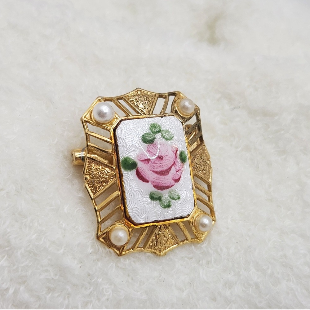 Vintage Guilloche Enamel Rose Brooch Faux Pearl Filigree Victorian Revival